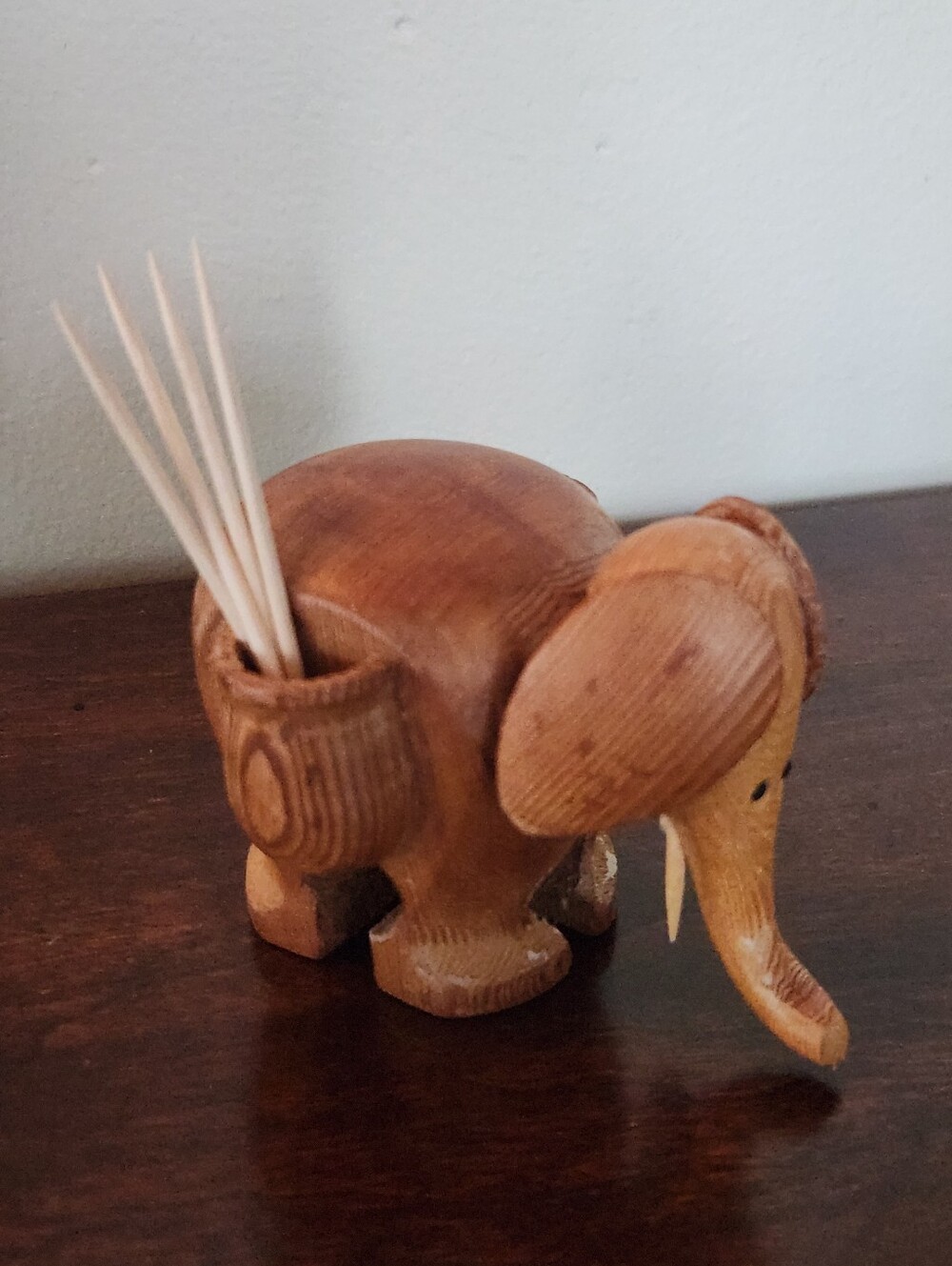 1960s Handcrafted Wooden Elephant Toothpick Holder